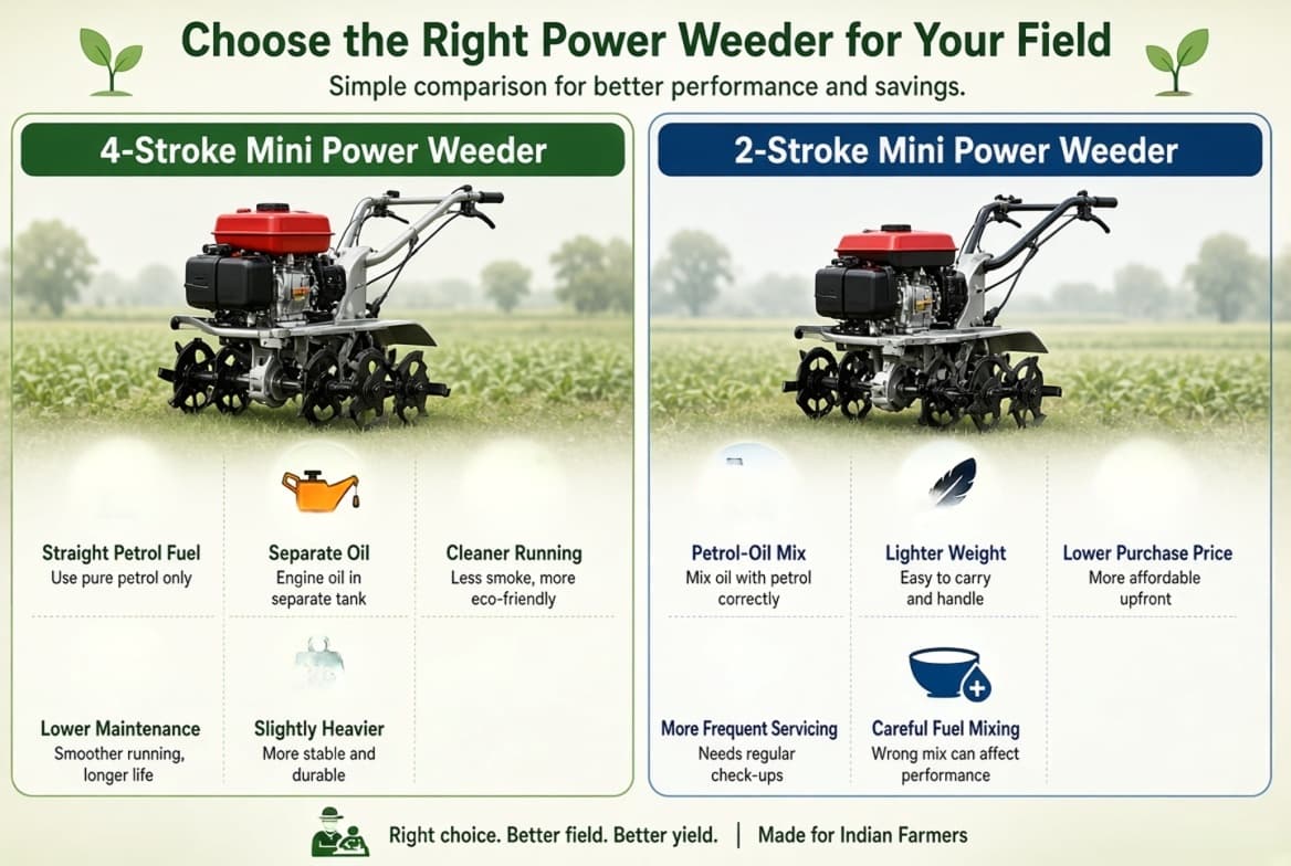 Comparison of 4-stroke versus 2-stroke mini power weeder engines showing fuel type, maintenance, weight and cost differences