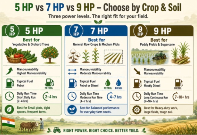 Comparison chart of 5 HP, 7 HP and 9 HP power weeders showing best crops, manoeuvrability, fuel type and daily run time