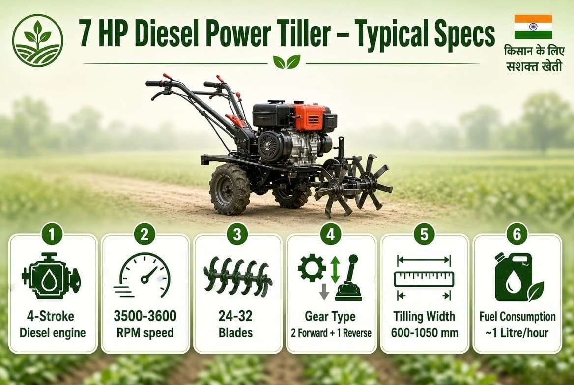Typical specifications of a 7 HP diesel power tiller including engine type, RPM, blade count, transmission, tilling width and fuel consumption