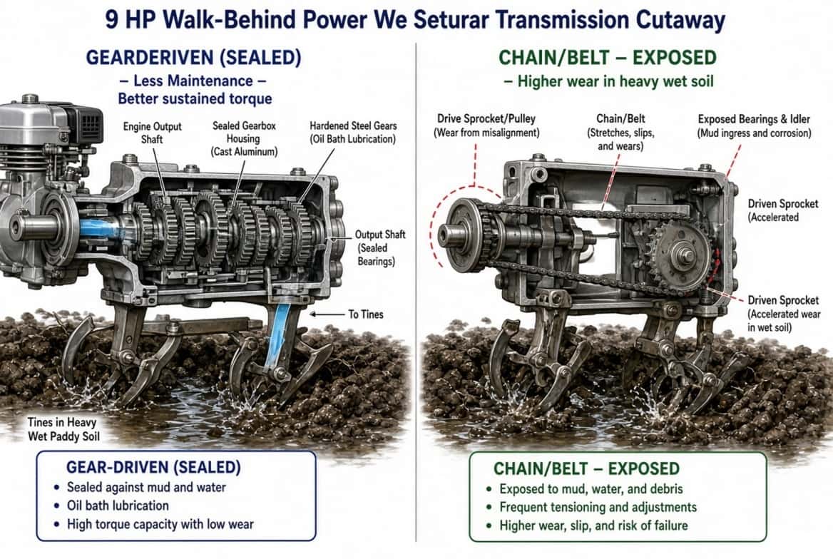 Technical diagram comparing sealed gear-driven transmission versus chain-driven transmission in a 9 HP power weeder for heavy wet soil