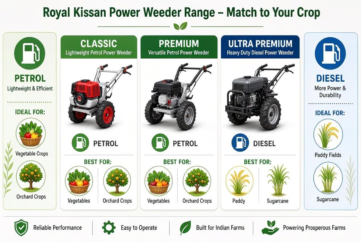 Comparison of Royal Kissan Classic Premium and Ultra Premium power weeders for different Indian farm uses