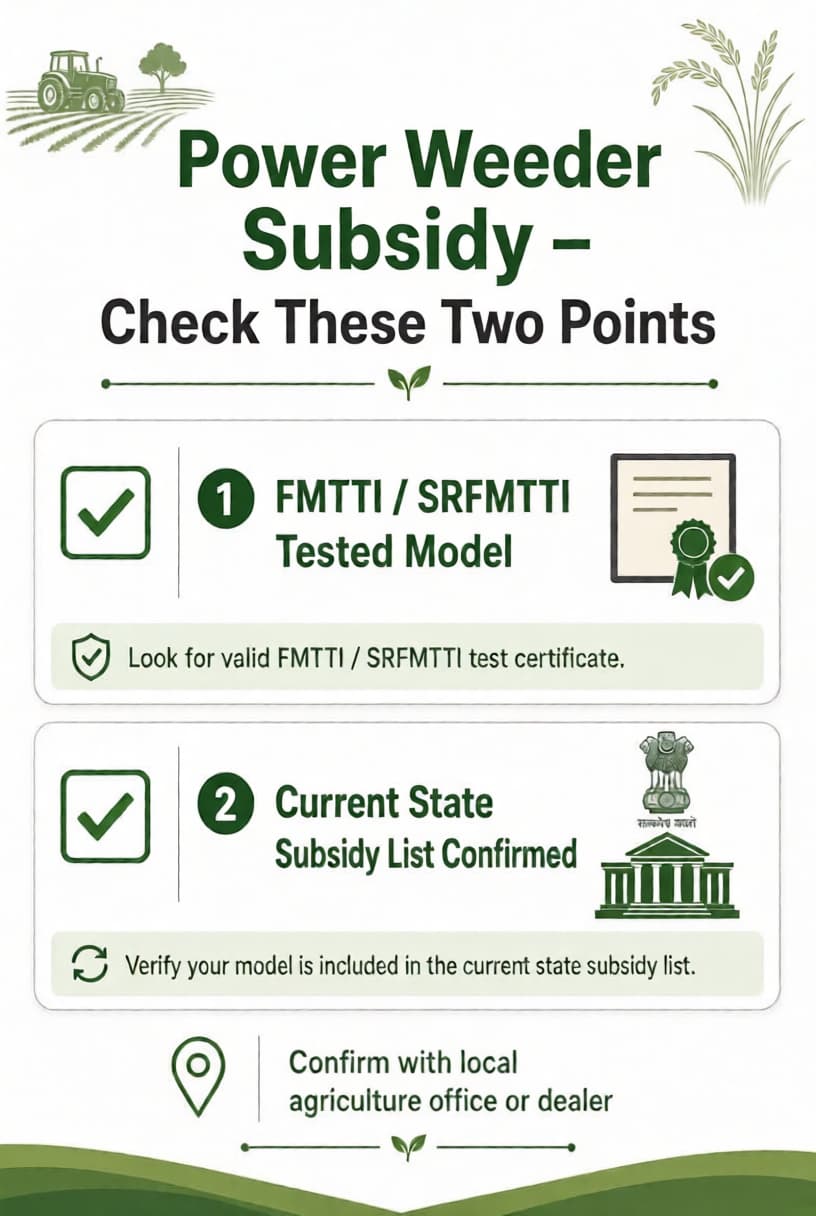 power weeder subsidy eligibility focusing on FMTTI testing and state-approved lists
