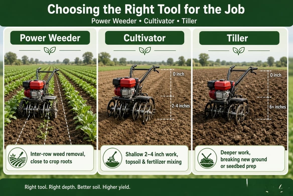 Side-by-side comparison showing the difference between a power weeder, cultivator and tiller for Indian small farms